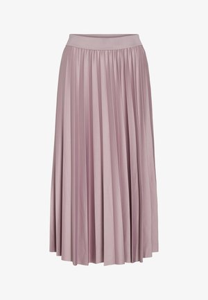 Jupe longue plissée en tissu rose pâle, dotée d'une taille élastique. Sa texture lisse et son design fluide mettent en valeur sa forme générale.