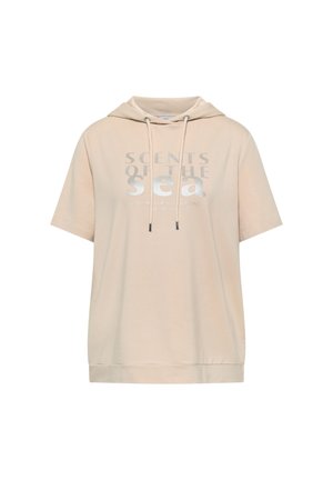 Sweat à capuche beige à manches courtes avec cordons et texte argenté « Scents of the Sea » sur le devant.