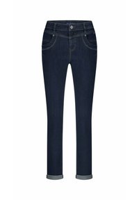 Donkerblauwe slim-fit jeans met opgerolde manchetten, voorzakken, riemlussen en een knoopsluiting.