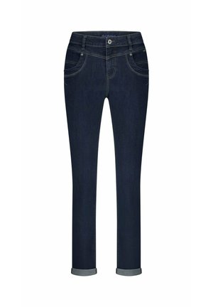 Donkerblauwe slim-fit jeans met opgerolde manchetten, voorzakken, riemlussen en een knoopsluiting.