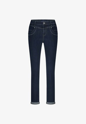 Donkerblauwe slim-fit jeans met opgerolde manchetten, voorzakken, riemlussen en een knoopsluiting.