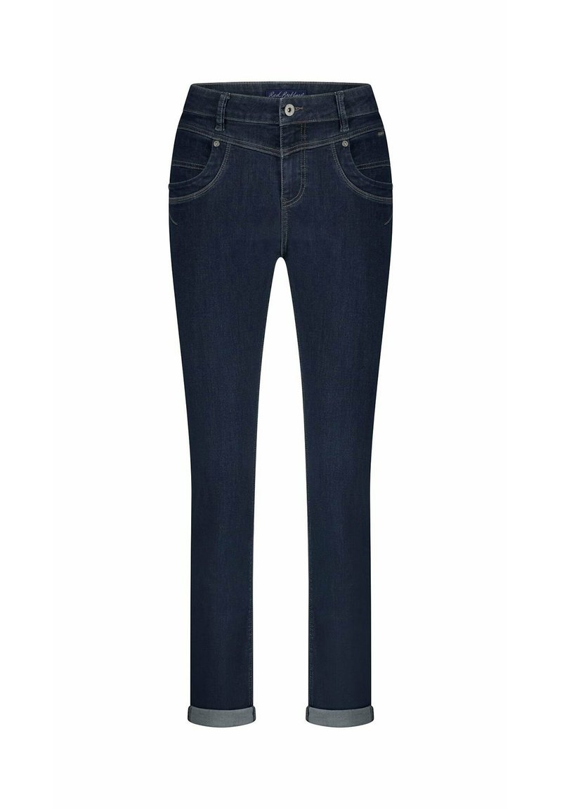 Donkerblauwe slim-fit jeans met opgerolde manchetten, voorzakken, riemlussen en een knoopsluiting.