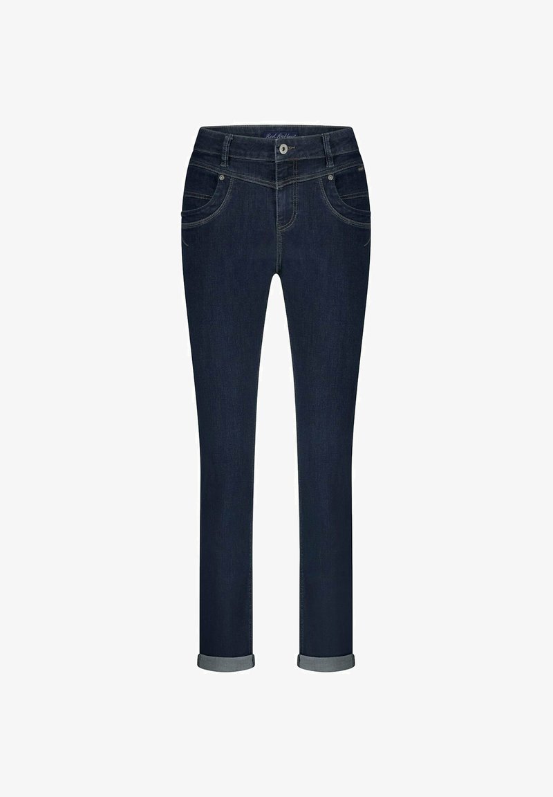 Mørkeblå slim-fit jeans med oprevne manchetter, foran lommer, bæltestropper og knaplukning.