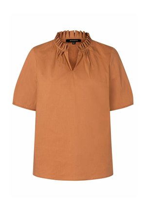 Short-sleeve, rust-colored blouse with a pleated neckline and a V-shaped opening. Made from a smooth fabric with a relaxed fit.