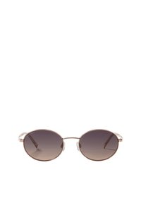 Lunettes de soleil rondes avec une fine monture en métal doré rose et des verres sombres dégradés ; elles sont dotées d'accents en plastique transparent sur les branches.