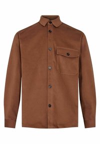 Chemise en velours marron à manches longues, réalisée en tissu doux, avec un col, des boutons noirs et une poche poitrine, présentant une surface lisse et texturée.