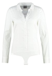 Body à manches longues blanc avec col, fermeture par boutons, et coupe ajustée en tissu léger et doux.