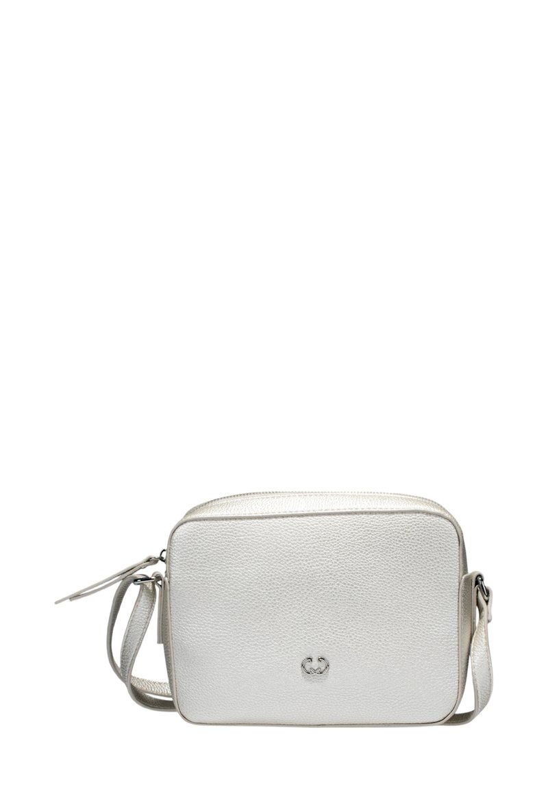 Weißer strukturierten Leder-Crossbody-Tasche mit einem Reißverschluss, rechteckiger Form und einem dezenten Logo auf der Vorderseite. Verstellbarer Tragegurt inklusive.