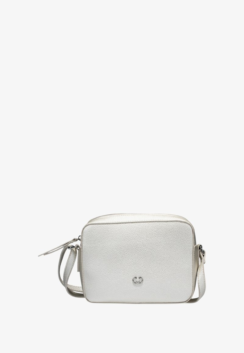 Sac en cuir texturé blanc en bandoulière avec une fermeture éclair, de forme rectangulaire et un logo discret à l'avant. Sangle réglable incluse.