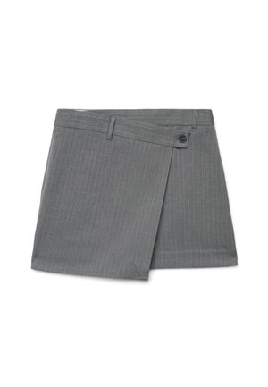 Jupe portefeuille grise à fines rayures avec fermeture à boutons et passants de ceinture, longueur courte, coupe cintrée.