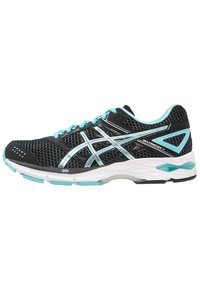 Scarpe da corsa nere con tomaia in mesh, dettagli argento e verde acqua, punta arrotondata, suola bianca e dettagli testurizzati sulla suola.