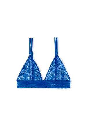 Blaue Spitzen-Dreiecksbügel-Bustier mit verstellbaren Trägern, gewellten Kanten, floralen Mustern und einem weichen Band für zusätzlichen Komfort.