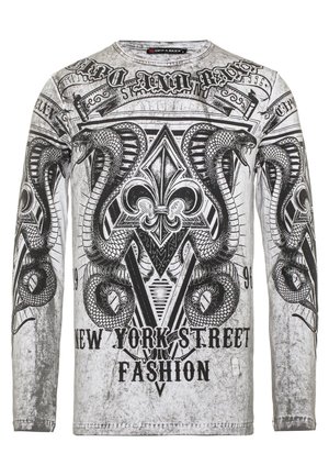 Langärmliges T-Shirt in Grau mit schwarzem Schlangen- und Blumenmotiv, versehen mit dem Text "NEW YORK STREET FASHION" und einer vintage Textur.