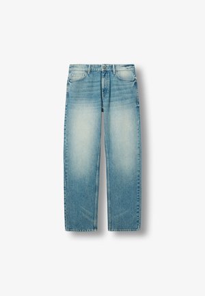 Light blue straight-leg denim jeans with faded thigh areas, front pockets, belt loops, and button closure.