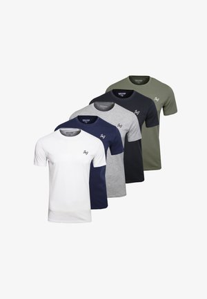 Four short-sleeve t-shirts in white, navy, grey, and olive, made of cotton, featuring a round neck and a small logo on the chest.