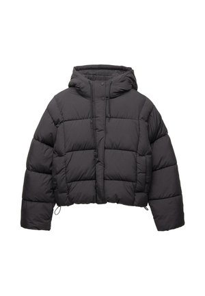 Black cropped puffer jacket with a hood, featuring quilted sections, drawstring accents at the waist, and a front button closure.
