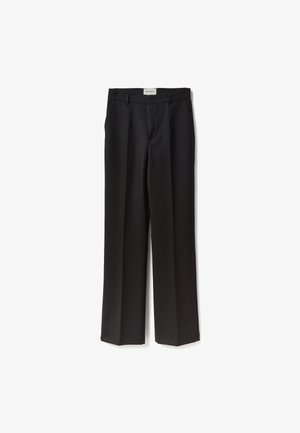 Schwarze Hosen mit weitem Bein aus strukturiertem Stoff, mit hoher Taille und vorderen Falten, entworfen für eine gerade Silhouette.