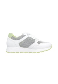 White athletic shoe with a mesh design, green accents on the heel and sole, and a textured surface. Features a lace-up front and cushion sole.