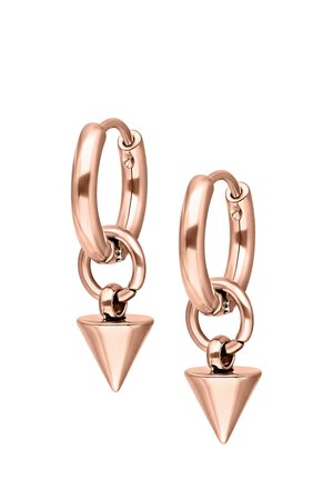 Roségoldene Creolen mit kleinen runden Gliedern und hängenden, fest geformten kegelstumpfförmigen Anhängern vor weißem Hintergrund.