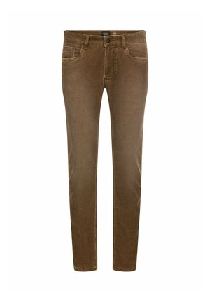 Bruine slim-fit corduroy broek met vijf zakken, knoopsluiting en subtiele textuur. Rechte pijpen, geschikt voor casual draag.