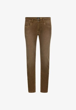 Brązowe spodnie typu slim fit z koronką, z pięcioma kieszeniami, z guzikiem oraz subtelną teksturą. Prosto skrojony fason, idealny do codziennych stylizacji.
