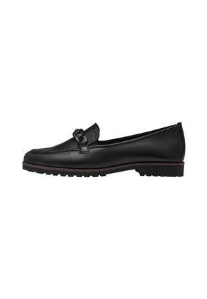 Sort læderloafer med flettet remdetalje, lav hæl og tekstureret gummisål, vist i højre sideprofil på hvid baggrund.