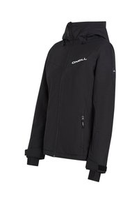 Schwarze wasserdichte Jacke mit Kapuze, Reißverschluss vorne, engen Bündchen und Seitentaschen. Mit dem weißen "ONeill"-Logo auf der Brust.