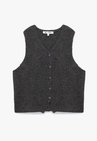 Grå strikket vest med V-udskæring, fem knapper foran og uden ærmer. Tekstureret stof med ribbet mønster og cropped kant.