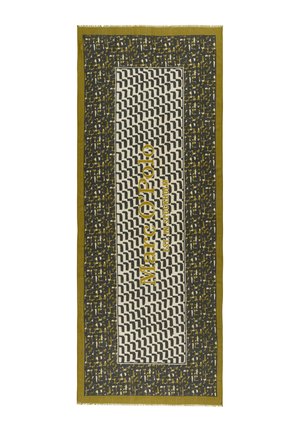 Rectangular textile with a patterned border. Features a central "Marc O'Polo" logo. Colors include navy, cream, and mustard yellow. Fringed edges.