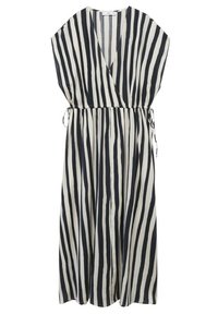Schwarz-weiß gestreifte Maxikleid mit Wickeldesign, kurzen Ärmeln und einer verstellbaren Kordelzug-Taille. Leichter Stoff, fließende Silhouette.