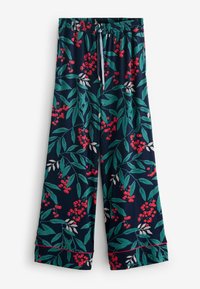 Námořnické kalhoty s širokými nohavicemi, s květinovým vzorem na zelených listech a červených bobulích, s elastickým pasem a červeným akcentem na lemu.