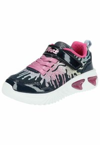 Sneaker con tomaia in vernice blu navy caratterizzata da un motivo a schizzi di vernice rosa e argento, lacci rosa e suola bianca con accenti rosa. Inclusa una fascia in velcro.
