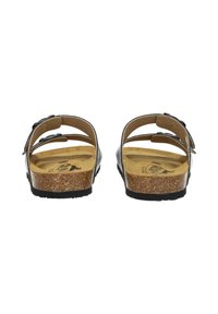 Black slip-on sandals with two adjustable straps, cork footbed, and textured rubber sole. Features a smooth leather upper and flat design.