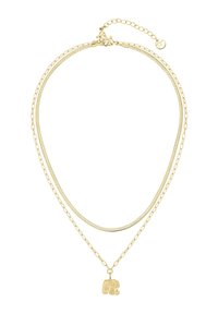 Goldfarbene, mehrlagige Halskette mit einer glatten Schlangenkette und einer Kette mit einem Elefantenanhänger, die ein minimalistisches Design zeigt.