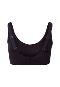 Černá podprsenka s širokými ramínky, měkkou tkaninou, bezšvovým designem a nízkým výstřihem. Má nastavitelné ramínka a žádné kostice.