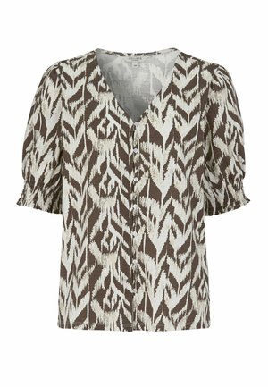 Brun og hvid mønstret bluse med knapper, V-hals og korte puffede ærmer med elastiske manchetter.
