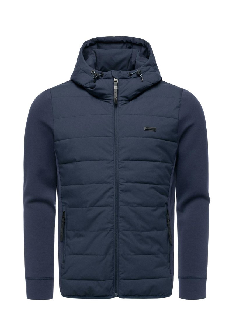 Laivastonsininen hupullinen takki, jossa tikattu etuosa, pitkät hihat ja vetoketjulliset sivutaskut. Takissa on kiristysnauhallinen huppu ja logokoriste.