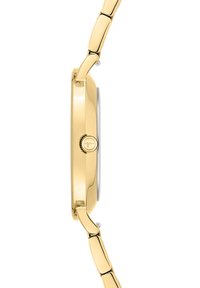 Goldfarbene Armbanduhr mit rundem Gehäuse, glattem metallischem Finish und einem eleganten Armband mit verbundenen Gliedern. Enthält eine runde Krone.