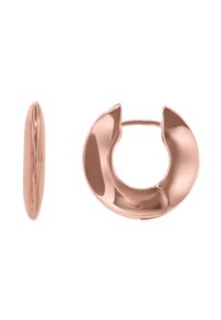 Orecchini a cerchio in oro rosa con una finitura liscia e lucida caratterizzati da un design unico con tagli. Leggeri e arrotondati, con una chiusura senza soluzione di continuità.