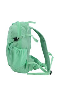 Mint green backpack with a textured fabric, adjustable mesh straps, zippered compartments, and side mesh pocket for added storage.