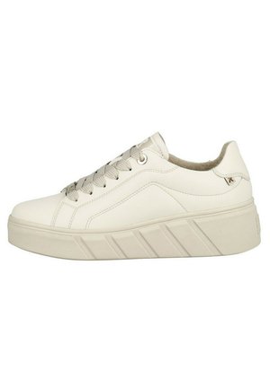 White leather sneaker with a slightly elevated, textured sole. Features rounded toe, braided laces, and subtle side stitching detail.