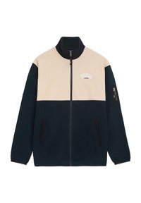 Sötét teal és bézs színű, magas nyakú, teljes cipzáros fleece dzseki, két oldalsó zsebbe és bal kar zsebbe helyezve. Díszítő szöveg a mellkason.