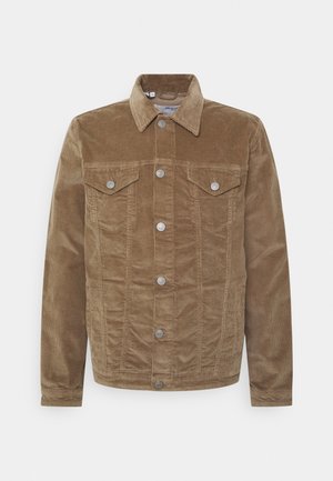 Veste en velours côtelé marron à manches longues, boutonnée devant, deux poches poitrine avec rabats et un col pointu.