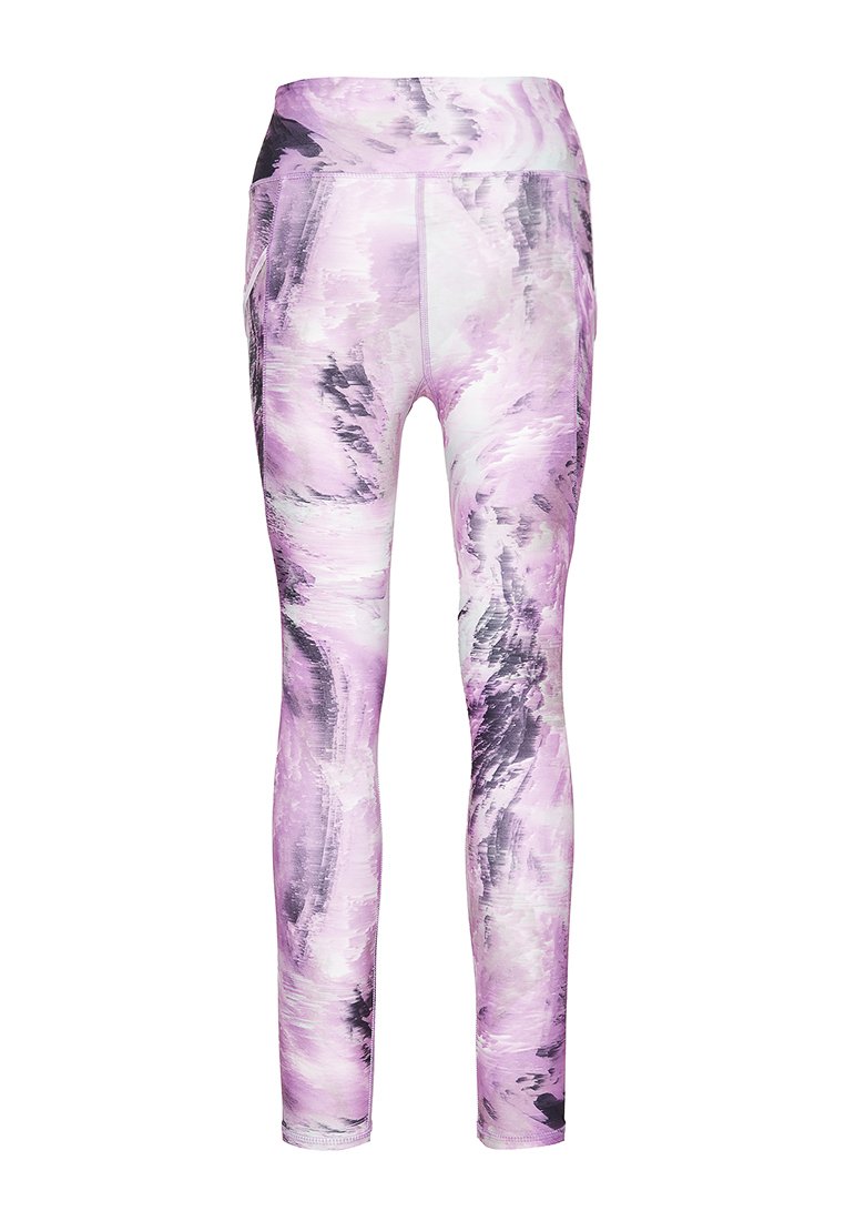 Leggings de longitud completa con estampado abstracto en púrpura y blanco, con cinturilla alta y bolsillos laterales.