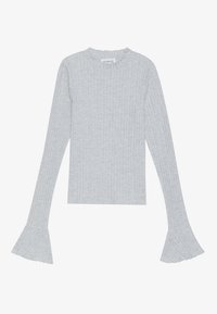 Hellgraues Langarmshirt mit gerippter Textur, featuring weit ausgestellte Ärmelabschlüsse und einen Rüschenausschnitt. Weicher Stoff, taillierte Passform.