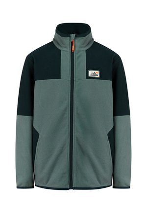 Fleecejacke mit durchgehendem Reißverschluss und hohem Kragen in dunkel- und hellgrauen Einsätzen, mit kleinem rechteckigem Logo auf der linken Brust.