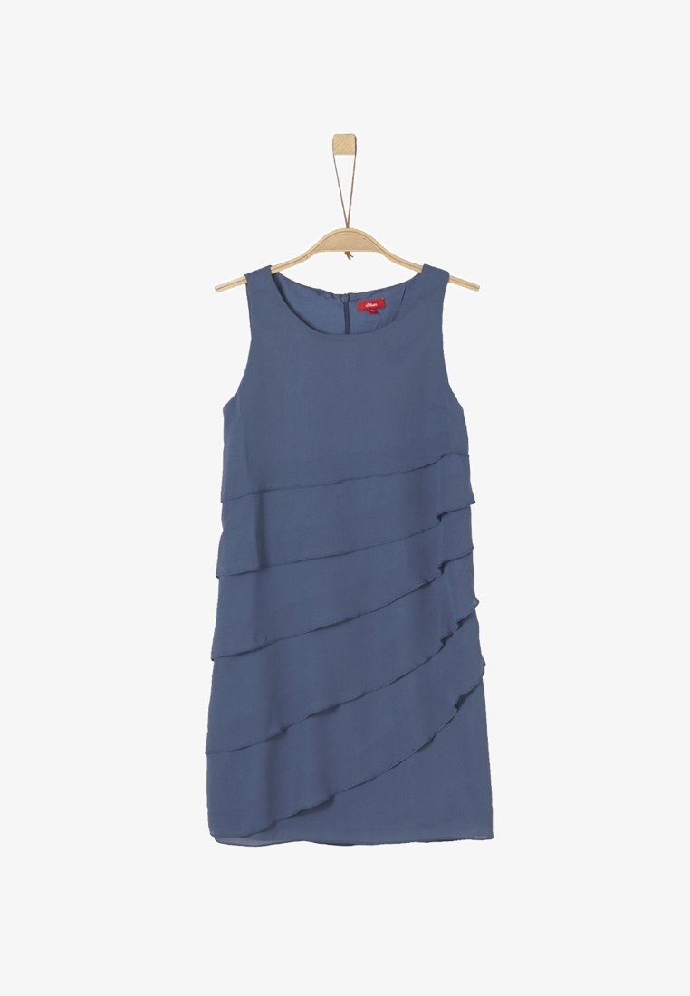 Robe sans manches bleue avec un design à volants superposés. Fabriquée en tissu léger, elle présente une fermeture éclair au dos et un col rond.