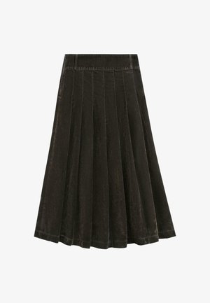 Black velvet skirt with pleats, structured waist, and smooth texture. The fabric has a soft sheen, creating subtle highlights and shadows.