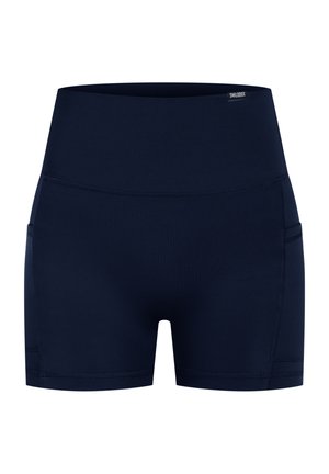Navy blue athletic shorts with a high waistband, featuring side pockets and smooth, stretchy material. Minimal stitching details.