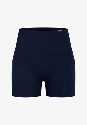 Navy blue athletic shorts with a high waistband, featuring side pockets and smooth, stretchy material. Minimal stitching details.